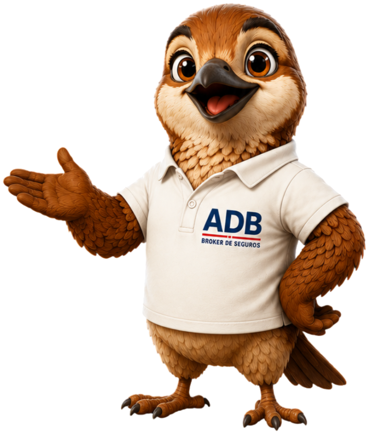 Horacio, el hornero mascota de ADB Broker de Seguros, con la remera institucional, dando la bienvenida